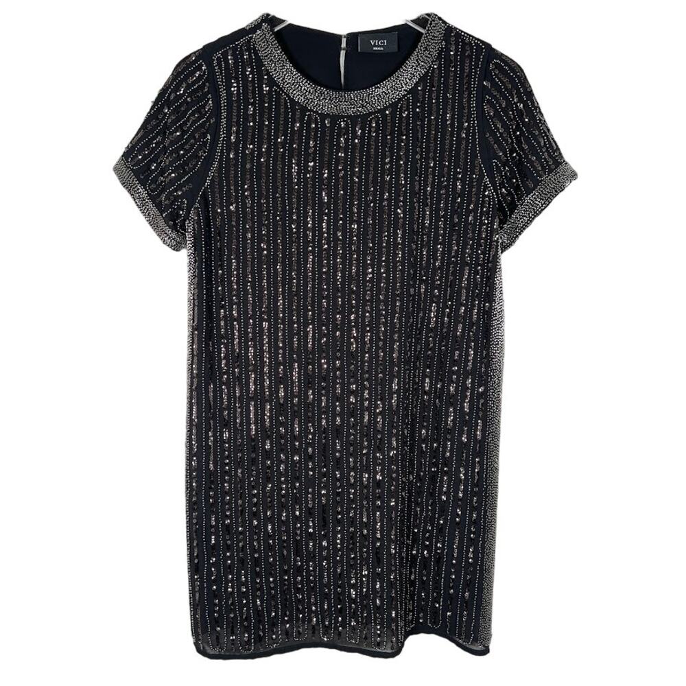 VICI Women's Beaded Sequin Shift Dress S Black Short Sleeve Cocktail Party